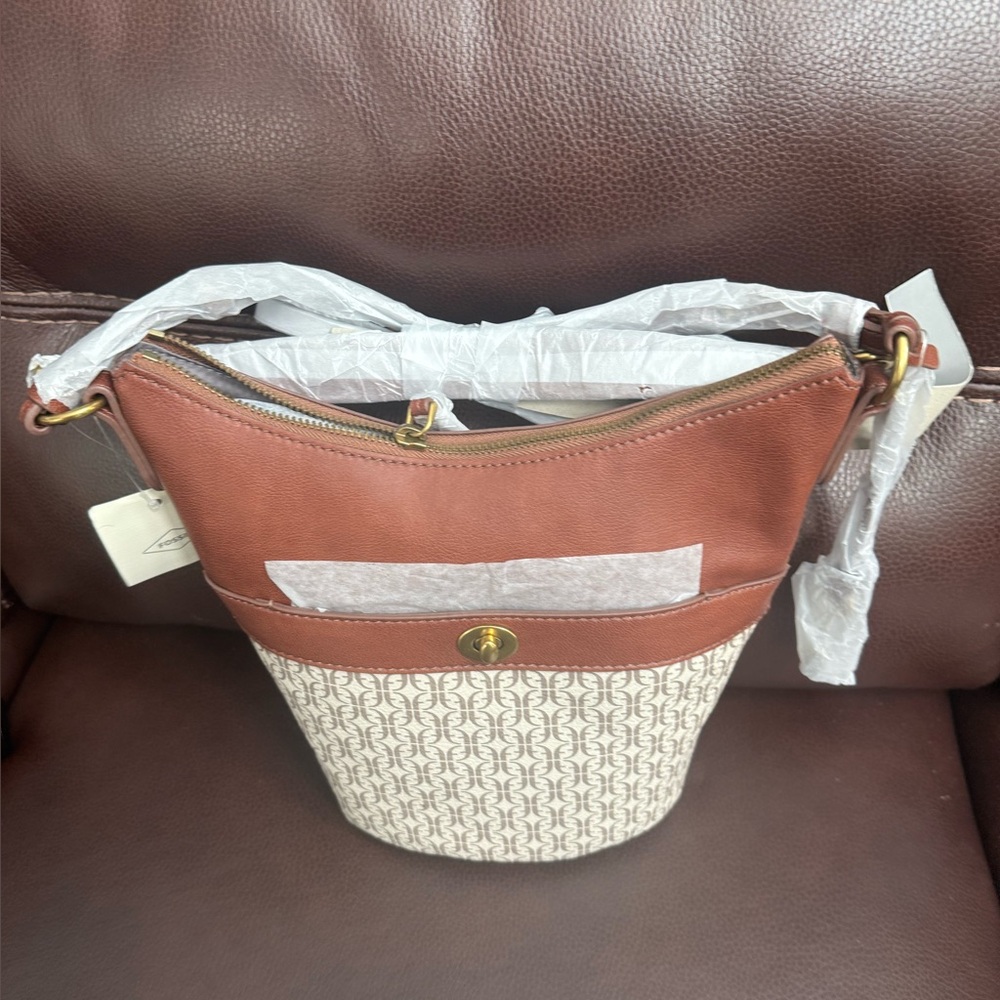 Fossil Brown Leather & Cream Signature Canvas Shoulder Bag